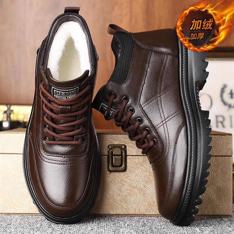Fleece Warm Snow Boots New Winter Leather High-top Non-slip Waterproof Cotton Shoes Thickened Leather Boots