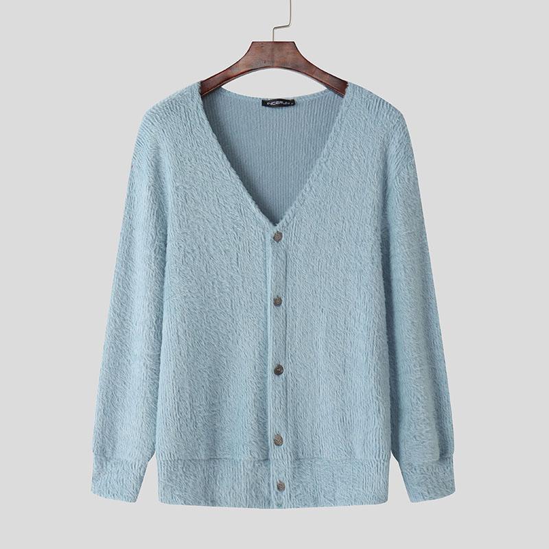 

Осень Женщины Мужчины Унисекс Кардиган с длинным рукавом Пушистый на пуговицах Вязаные кимоно 2XL синий