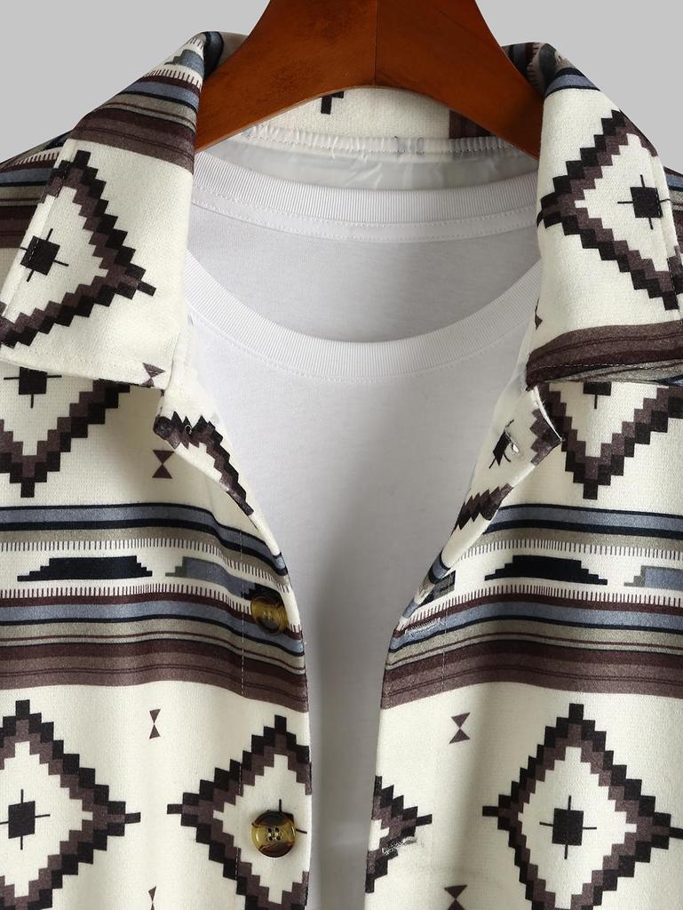 ZAFUL Pánská etnická aztécká bunda s límečkem s potištěným knoflíkem