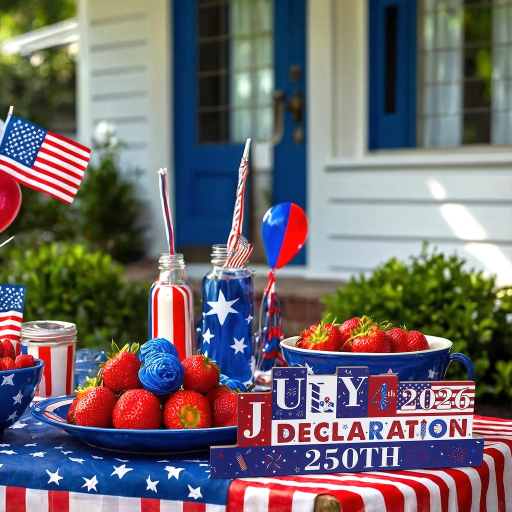Patriotic Design: Wooden Table Sign Featuring Bold Red, White, And Blue Colors With Fireworks, Stars, And Festive July 4Th 2026