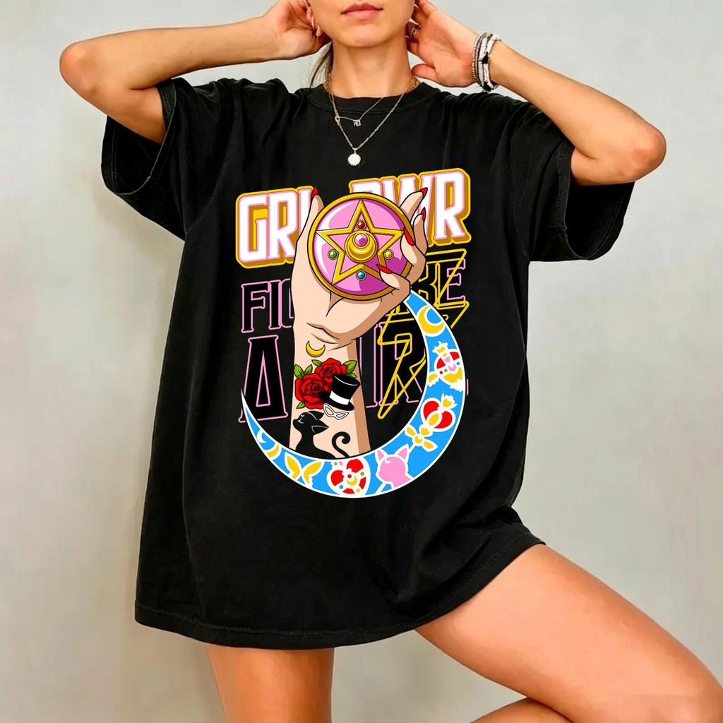 2026new American Retro Cotton Shortsleeved Tshirt With Sailor Moon Print Suitable For Both Unisex And Unisex Casual Street Style