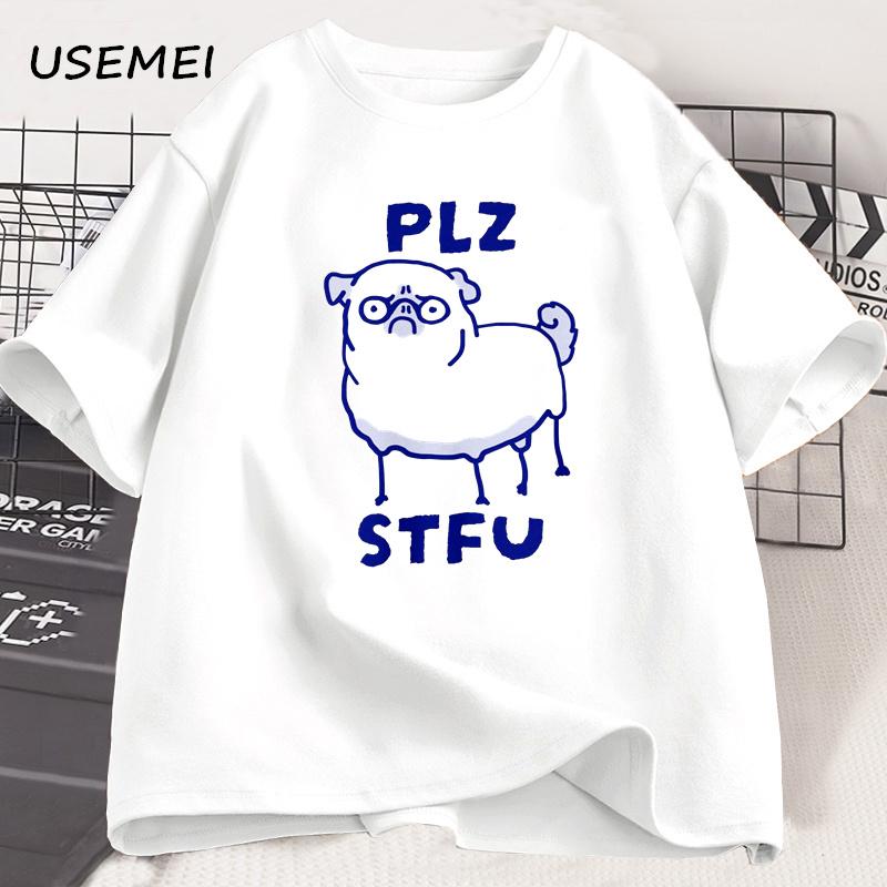 PLZ STFU Pug T Shirt Men Casual Short Sleeve Tee Shirt Meme Funny T-Shirt Vintage Drawing Racoon Animal Tshirt Streetwear Tees