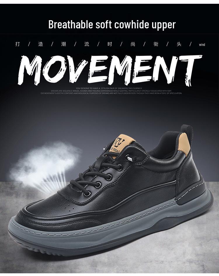 Men's Genuine Leather Crooked Head White Sneakers - Spring, Versatile, Thick Sole, Breathable, Hollow Casual Board Shoes