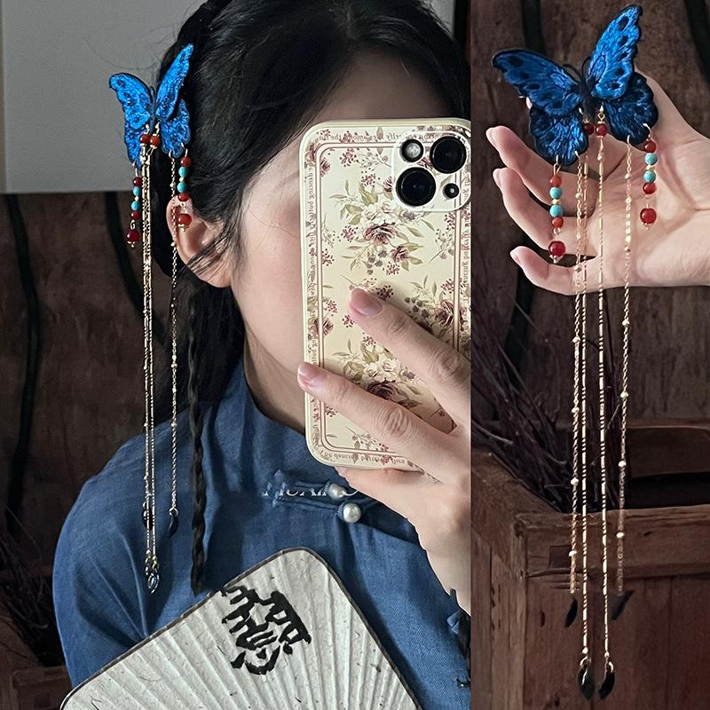 Chinese Style Embroidered Blue Butterfly Hairpin Pearl Tassel Hair Accessory Hanfu Hairpin Headwear Decoration