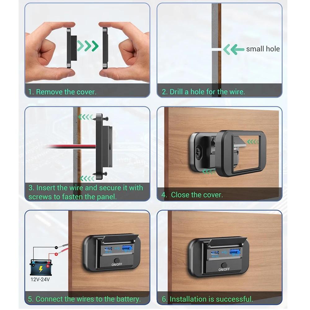 12V RV Type C USB Outlet with Power Switch 36W QC3.0 USB 55W PD Type C Quick Charge Socket with Waterproof Cover for Motorcycle