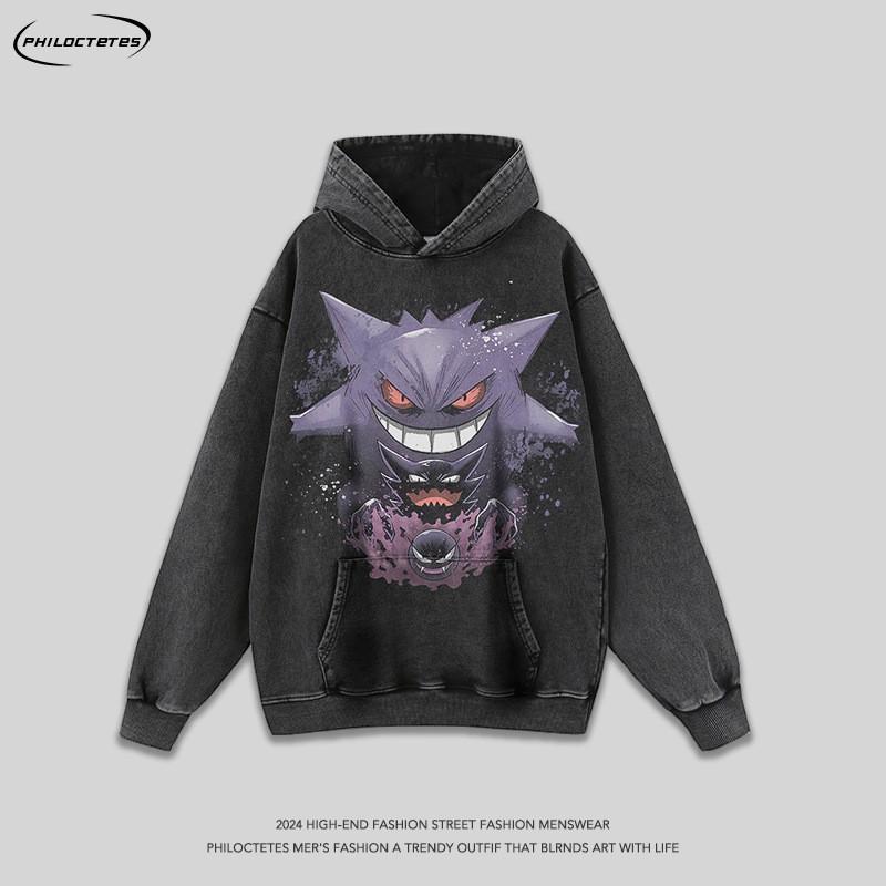 Unisex Harajuku Streetwear Hoodie With Anime Cartoon Print Distressed Wash Cotton Oversized Long Sleeve