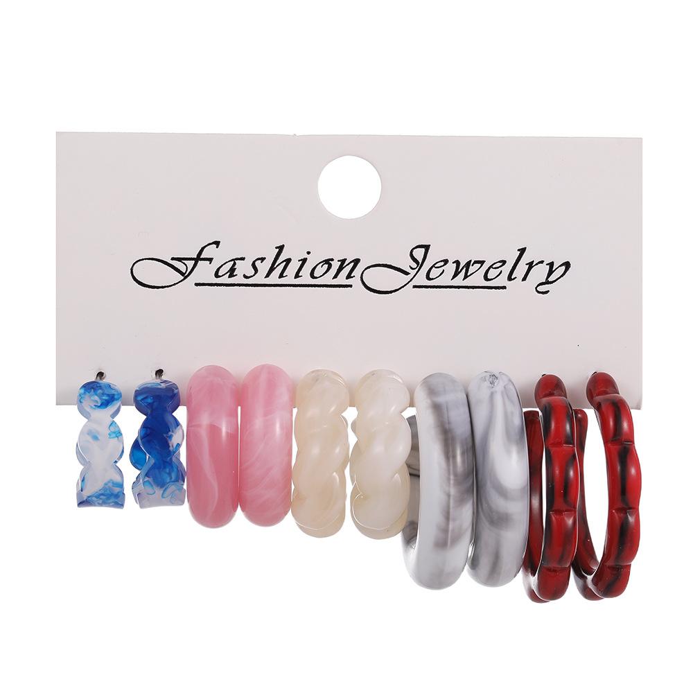 Color Creative Earrings Women's Acrylic C-shaped Mixed Color Resin Earrings 1 Pair Combination Set Exaggerated Earrings