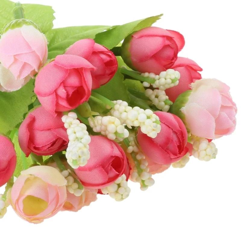 A Top Quality 15 Head Artificial Rose Fake Silk Flower Leaf Bouquet for Home Wedding Decor Bridal Bouq - Pack of 10