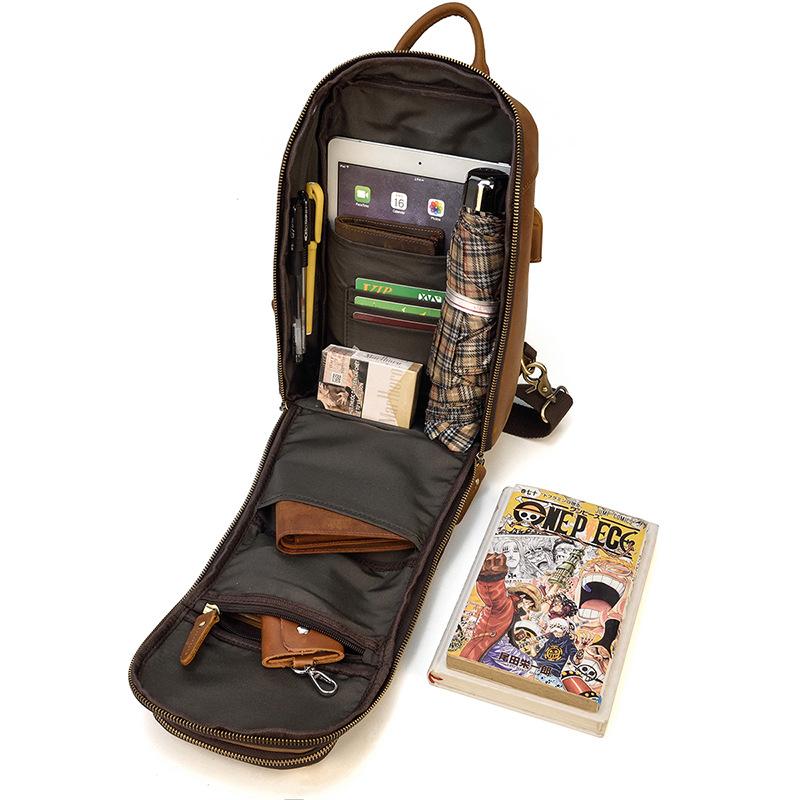 Retro Men'S Leather Breast Bag Usb Multifunctional Charging Crazy Horse Leather Crossbody Bag Men'S Shoulder Bag Large Capacity Backpack
