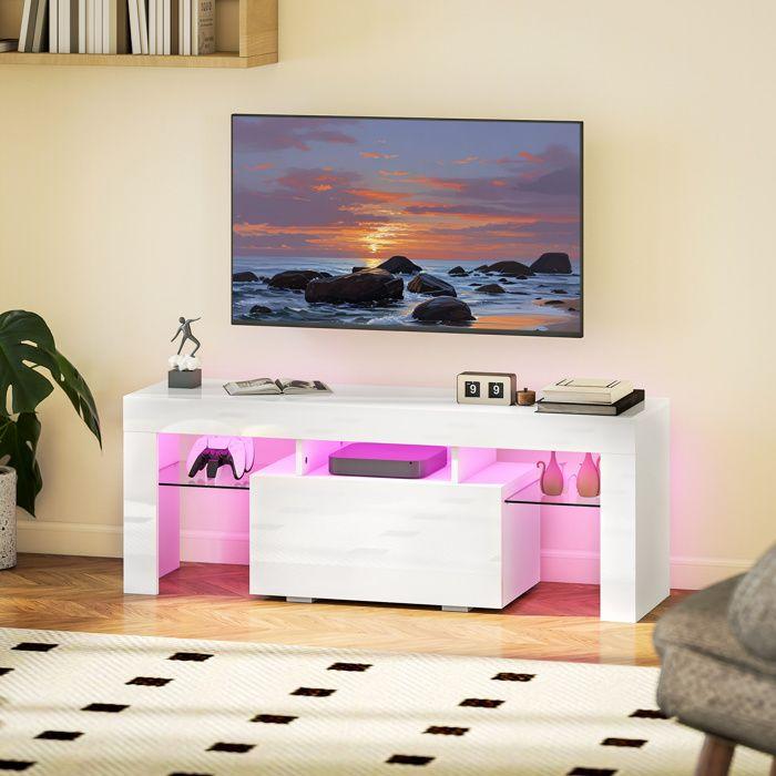 TV Stand - HOMCOM - RGB LED Lighting, High Gloss, Tempered Glass Shelves, Fold-Down Cabinet - MDF - 120x34x45cm - White