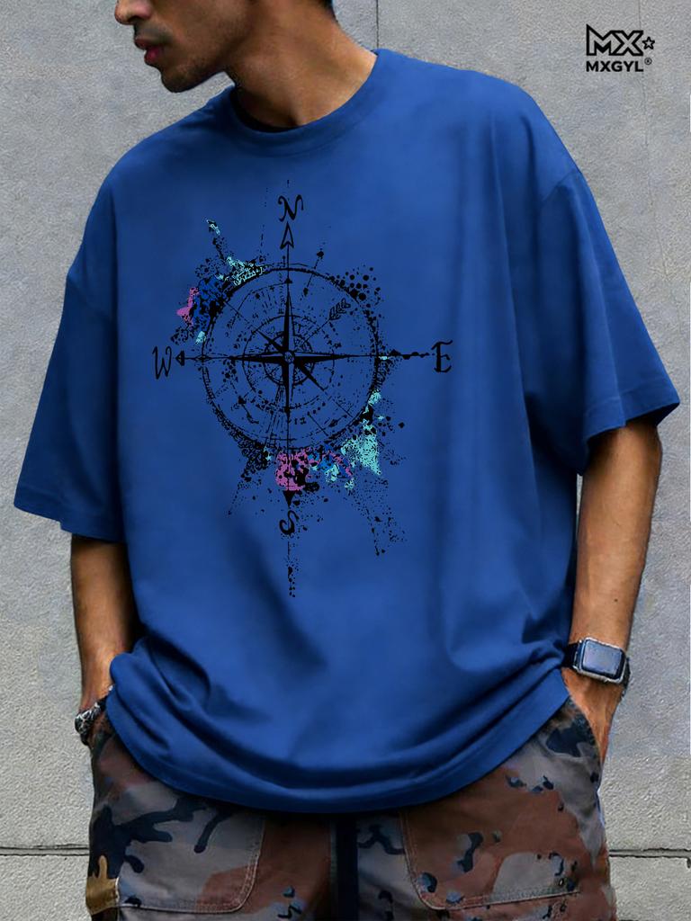 Men's Summer Cotton Fashionable Loose Casual Compass Pattern Printed Round Neck Short Sleeved T-shirt Breathable And Casual