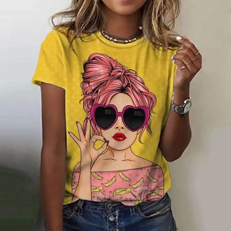 Women's round Neck Short Sleeve T-shirt Animal Print 3D Printing Street Style Loose Fit Summer Casual Wear Polyester Material