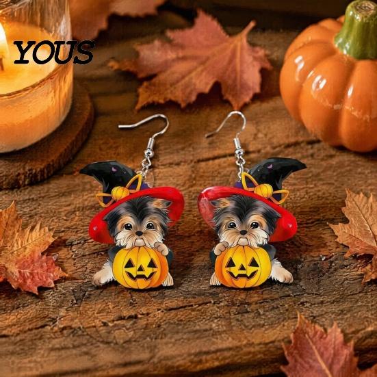 Distinctive Halloween Theme Jewelry Witch Hat Puppy Earrings, Cute Dog Pumpkin Drop Stylish Pet Lover Accessories Lightweight Acrylic Jewelry,