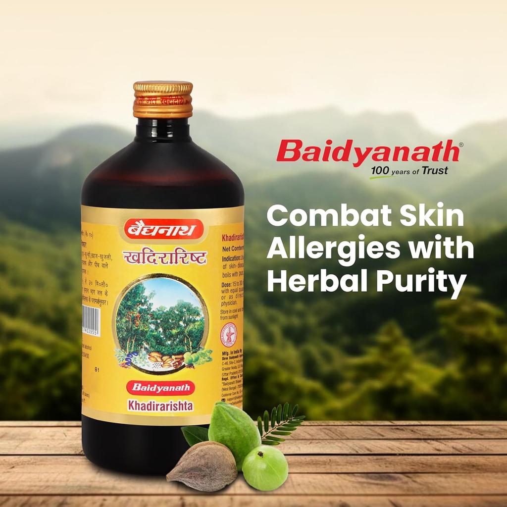 Baidyanath Khadirarishta 450 ml Ayurvedischer Kräuter-Hautpflege-Sirup mit Triphala Bakuchi Daruhaldi Devdaru Khadira