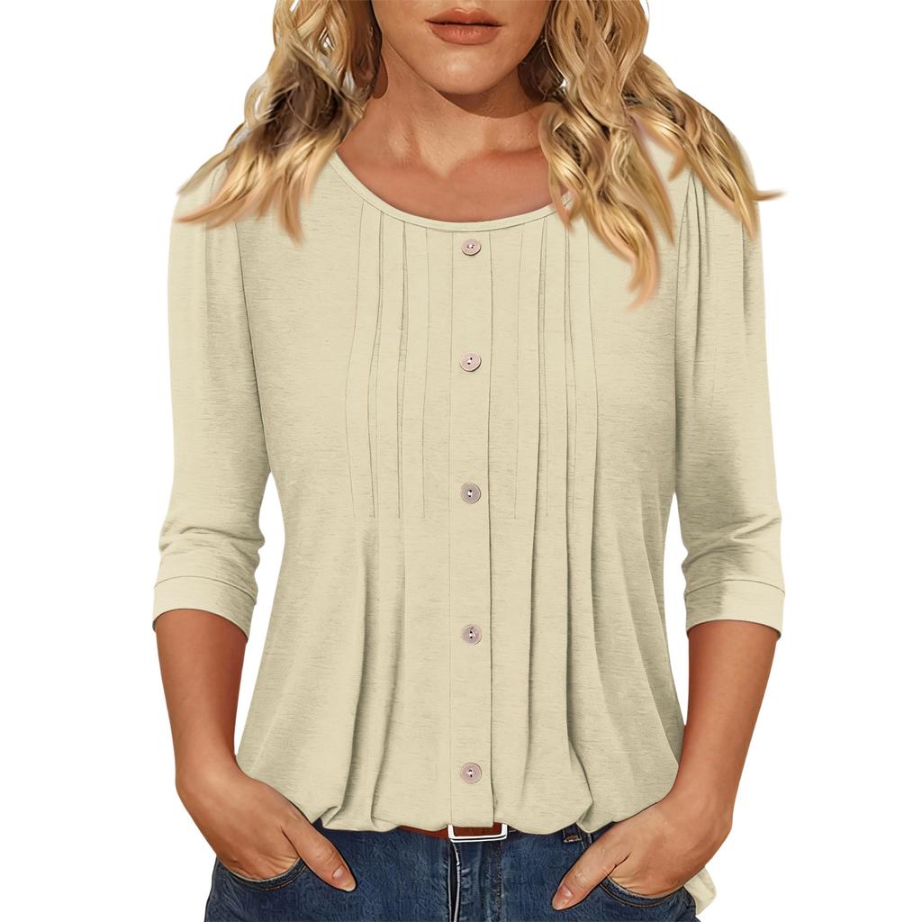 Women's Fashionable Casual Three,quarter Sleeve Button Color Round Neck Top