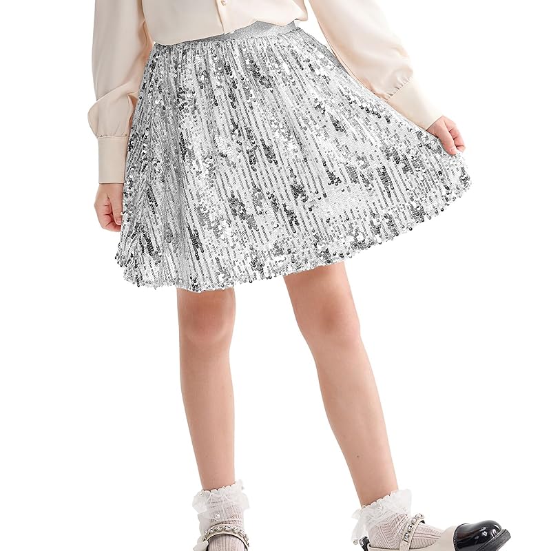 

[Rolanko] sequins skirt kids girl dance skirt With inner pants everyday wear dance recital halloween cosplay disguise Christmas present silver 150