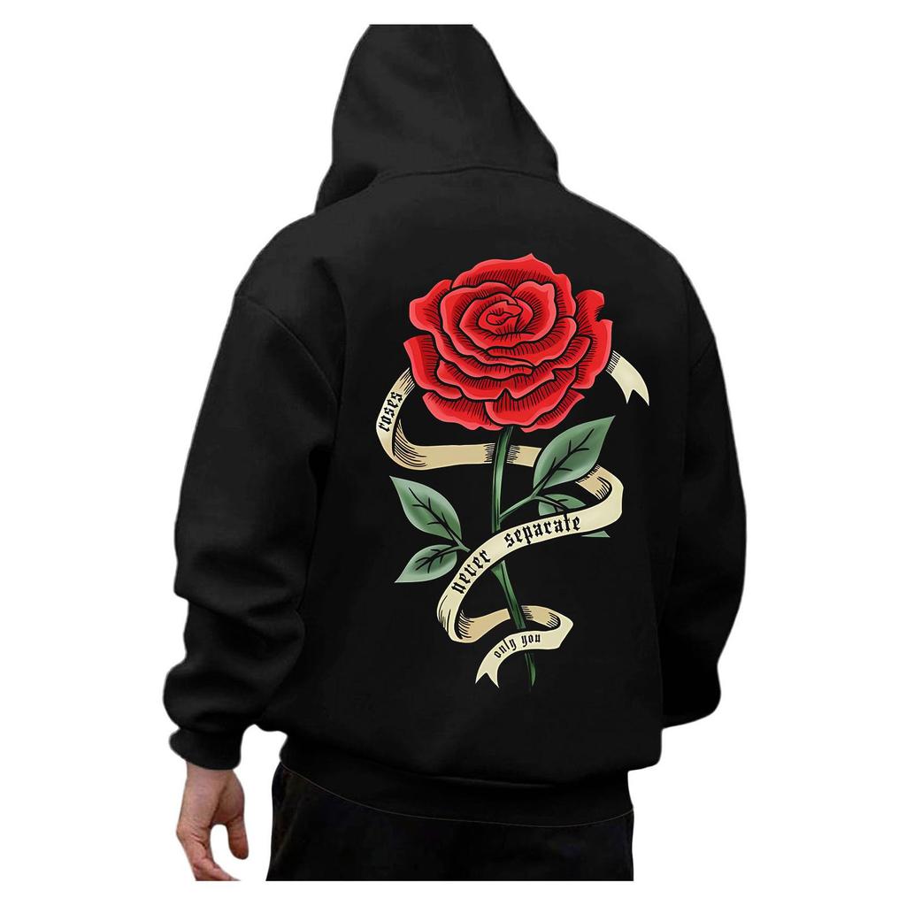 Unisex Long Sleeve Rose Print Pullover Hoodie with Front Pocket for Everyday Wear