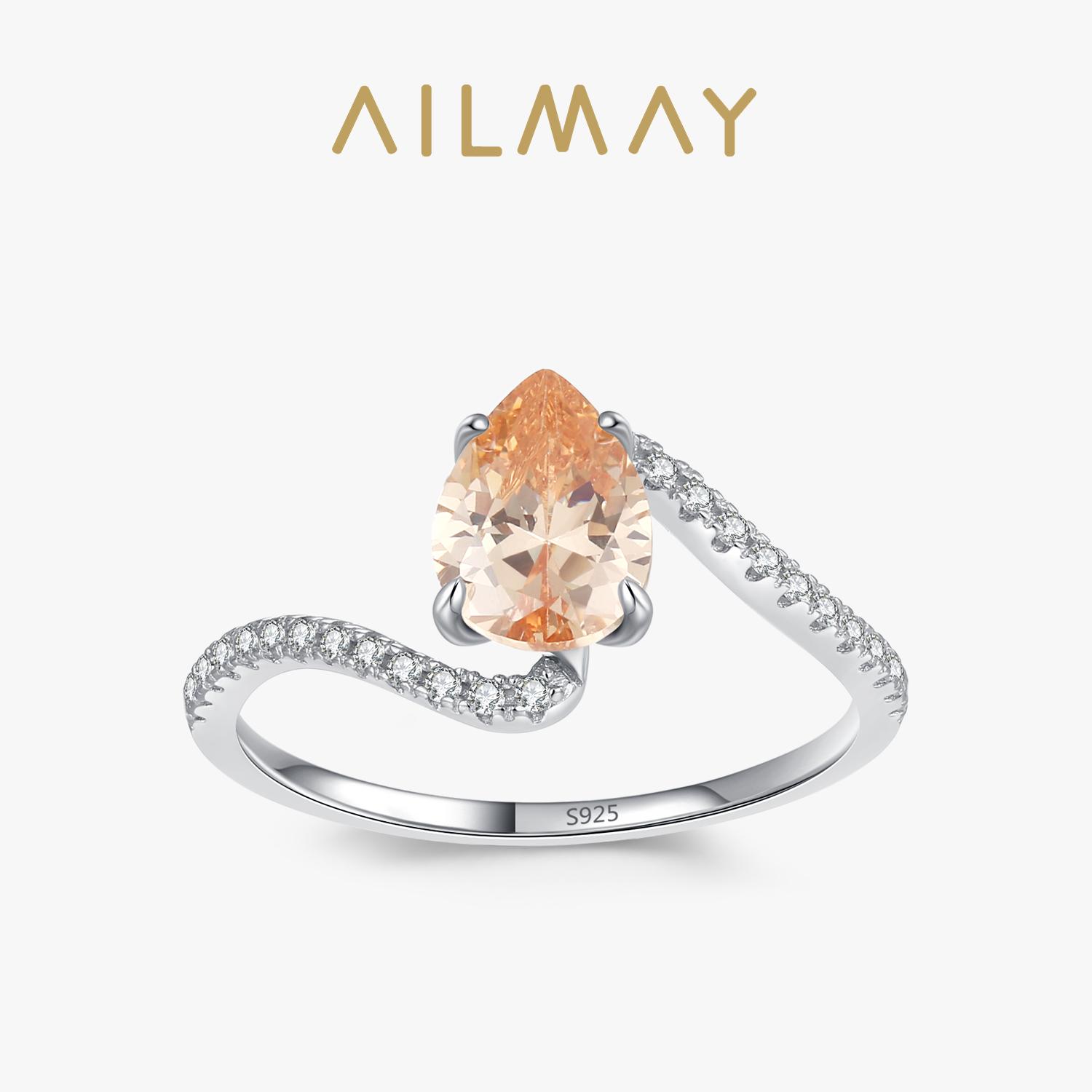 

Ailmay Champagne color Water Drop Zircon Wave Finger Rings For Women Fine Elegant 925 Silver Wedding Jewelry 9