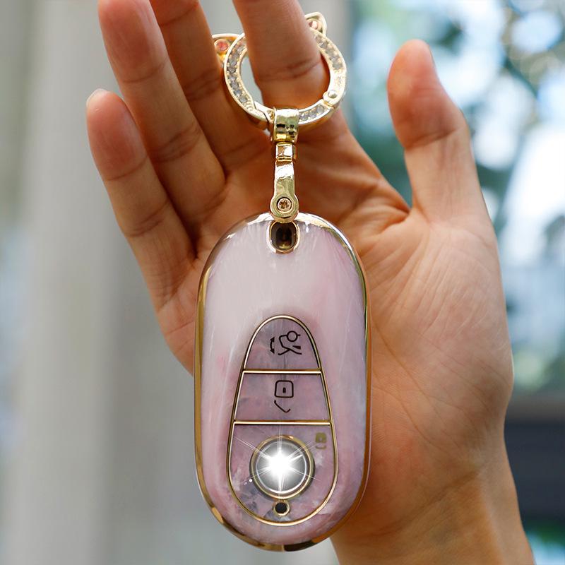 Mercedes-Benz Key Case for C260, LC200L, S400 Maybach, EQE, GLC with Gold Inlaid Jade Shell