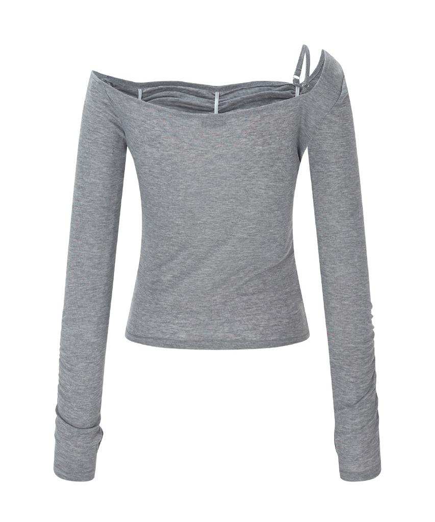 Peullijeunopallou Halo Unbal Shirring Long Sleeve Top (Melange Gray)