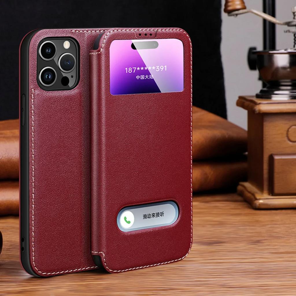 Genuine Leather Clear View Window Phone Case for IPhone 16 15 Plus 14 13 12 Pro Max Magnetic Flip Holder Cover