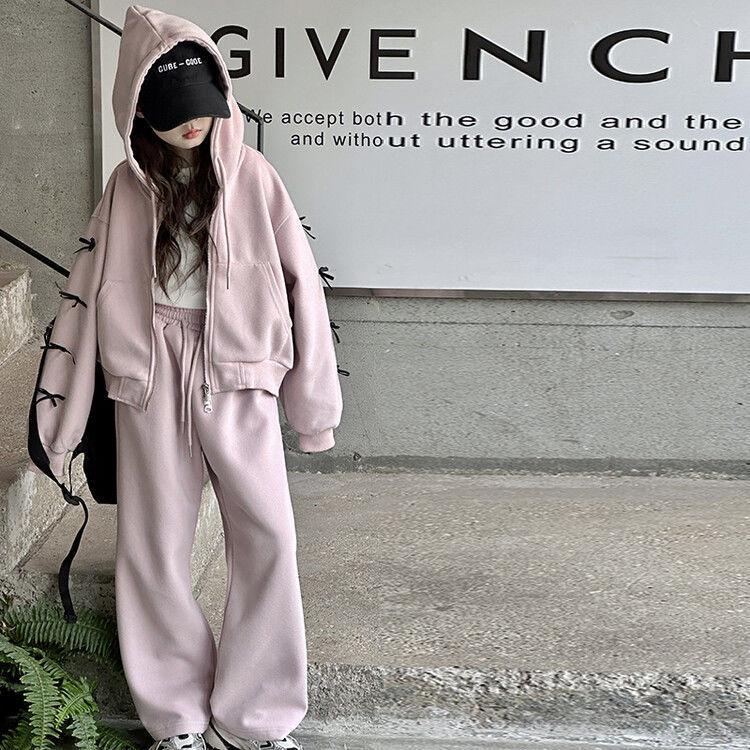 Trendiges koreanisches Schleifenset: Kapuzenjacke & Freizeithose für große Mädchen