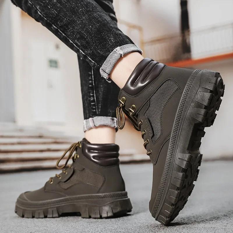 Classic Retro Men's Fashion Motorcycle Ankle Boots High Top Casual Shoes Men Lace Up Platform Non Slip Hiking Boot Botas Hombre