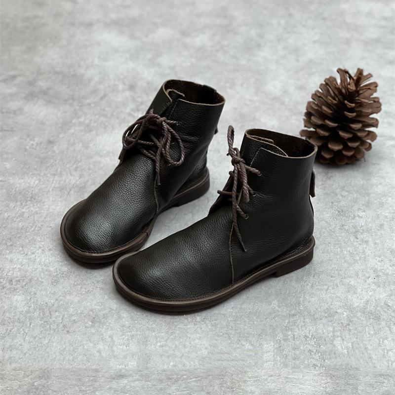 Retro Genuine Leather Short Boots 2025 New Casual Round Toe Versatile Solid Color Women's Soft Cowhide Soft Sole Shoes