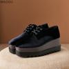 8CM Women's Black Suede Platform Wedges Shoes Ladies High Heel Pumps Fashion Design Square Toe Lace Up British Style Shoes Women