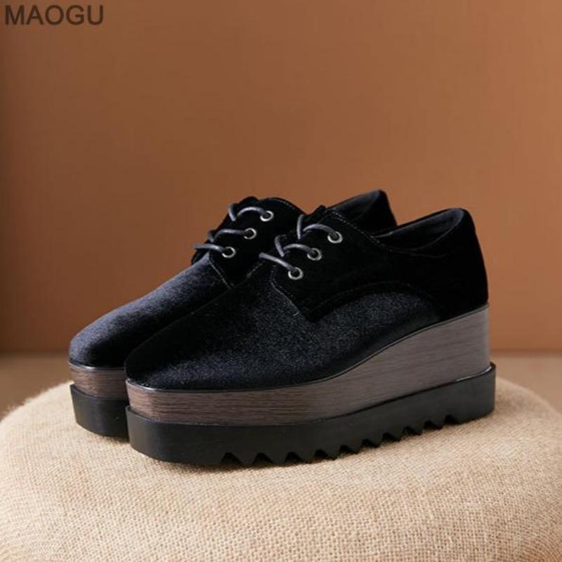 8CM Women's Black Suede Platform Wedges Shoes Ladies High Heel Pumps Fashion Design Square Toe Lace Up British Style Shoes Women
