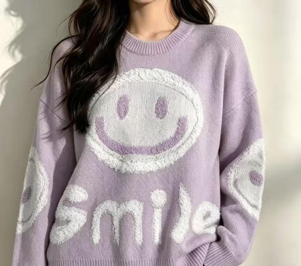 Women's Autumn/Winter Smiley Face Loose Knit Sweater - Versatile Mid-Length Pullover