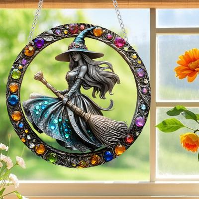 Halloween Witch Black Cat Hanging Sign 2D Flat Acrylic Broom Witch Round Sign Indoor Outdoor Porch Door Hanger Wall Hanging Decoration