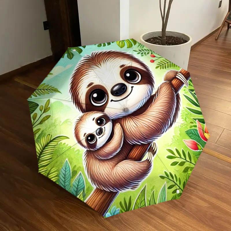 1pc Sloth Family in Tropical Forest Umbrella with Plastic Handle,Suitable for All Seasons Home Travel Outdoor UmbrellaDD1605