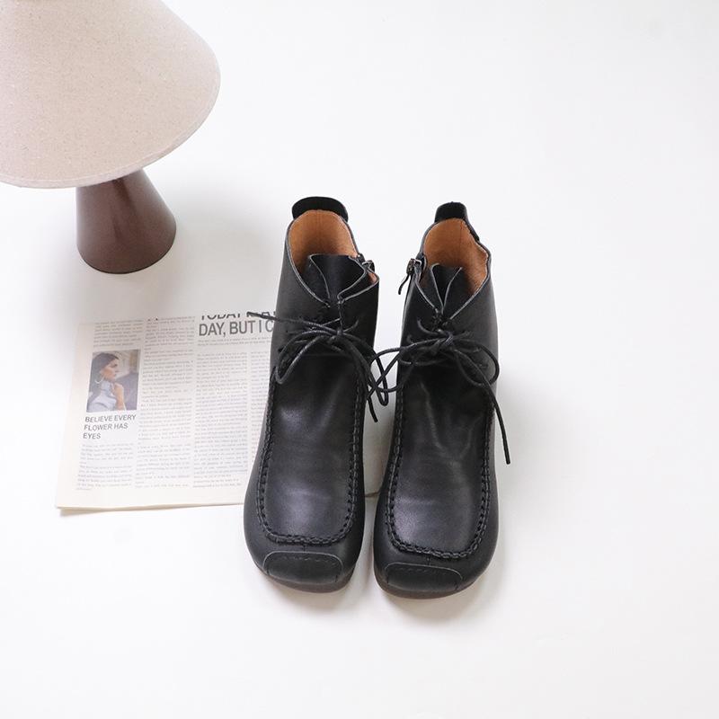 

Johnature Retro Handmade Stitched Lace Up Genuine Leather Short Boots Square Toe Soft Sole Comfort Ankle Boots 35 чёрный