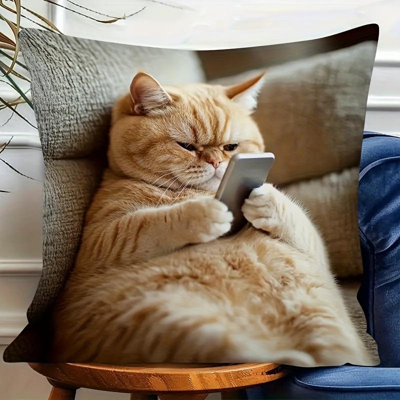 Cozy Orange Cat Print Decorative Pillowcase Cute Fat Tabby Cat Design Comfortable Polyester Fabric Pillow Cover for Sofa Decor 45x45cm