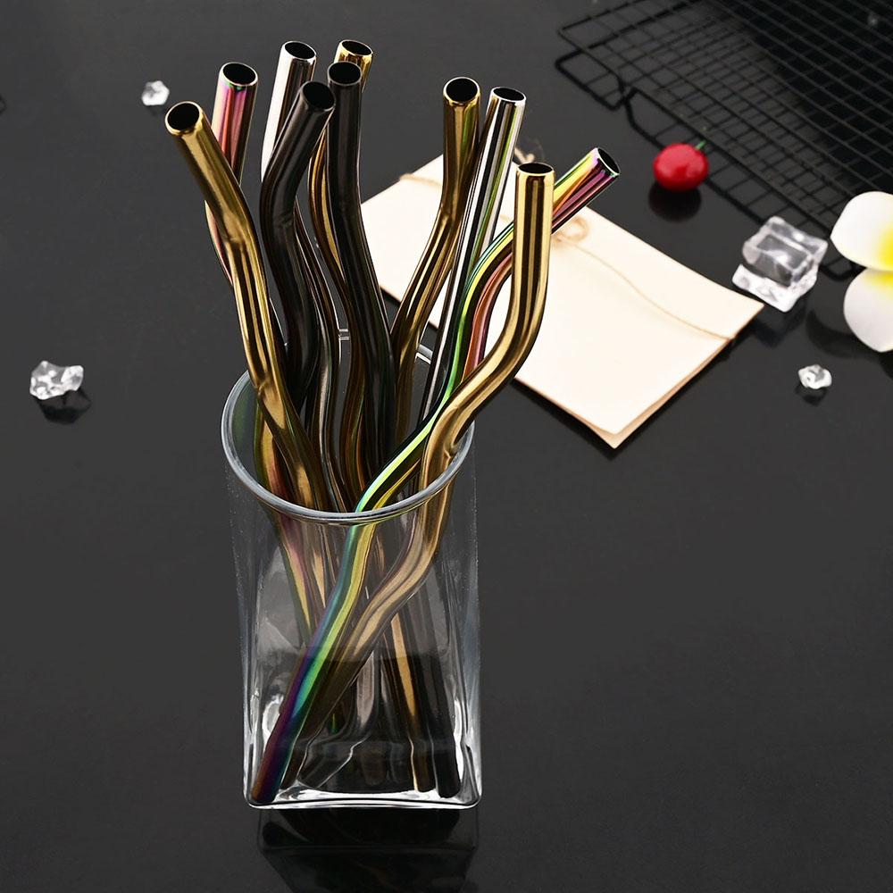 8*235mm Wave Reusable Coloful Straw Set 304 Stainless Steel Straw Bent Drinking Straw With Cleaning Brush Home Bar Accessory