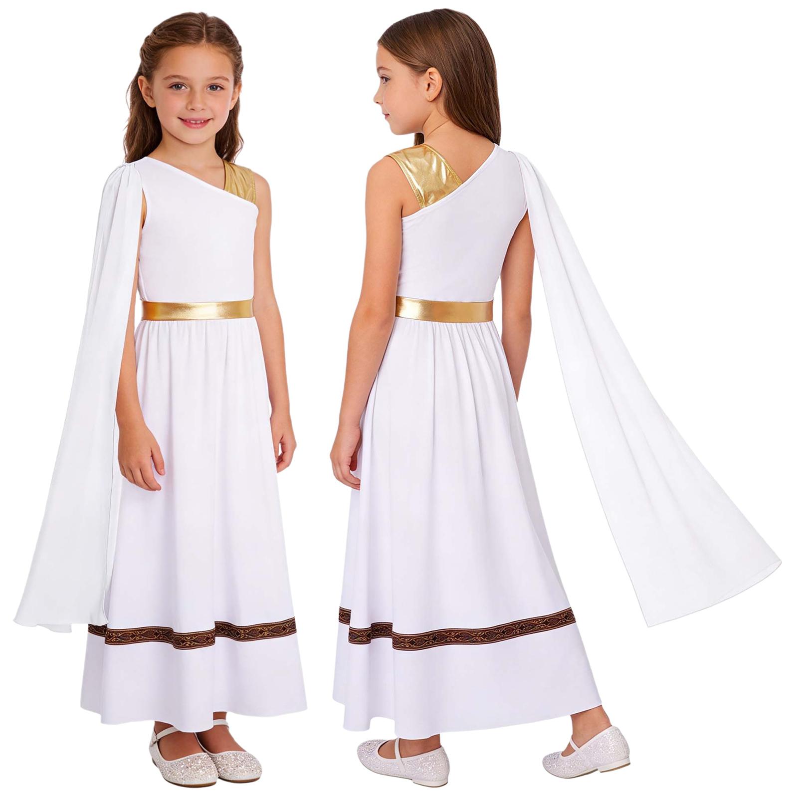 Costume Greco per Bambina: Abito Metallico Lucido Patchwork Senza Maniche con Mantella a Sciarpa per Cosplay Romano e Performance Teatrale 13-14 Years bianco