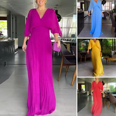 Women Evening Dress Dolman Sleeves Pleated V Neck Pure Color High Slim Waist Full Length Party Prom Maxi Dress