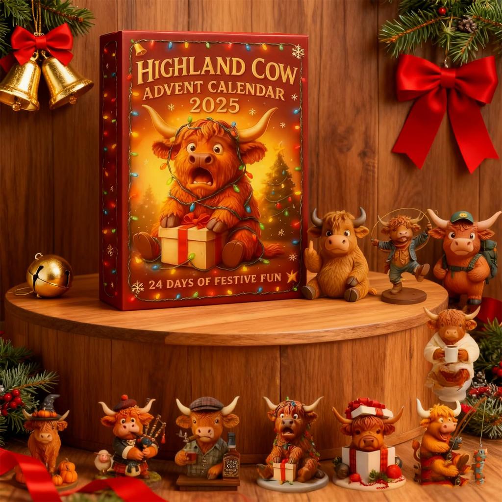 Advent Calendar 2025 with 24 Highland Cow Ornaments 24 Days Christmas Countdown Calendar Highland Cow Surprise Figurine Gift Box