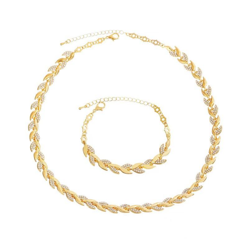 Elegant Leaf-Inspired Rhinestone Necklace Bracelet Set Women Gold Rose White Zinc Alloy Jewelry Party Occasion