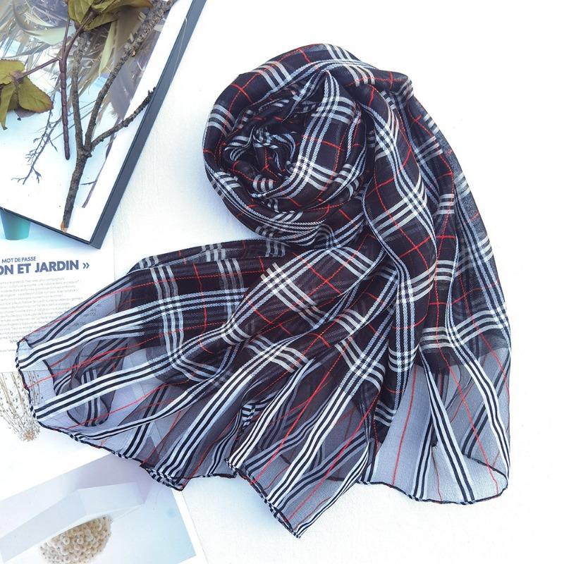 New Checkered Silk Scarf for Women, Solid Color Sunscreen Shawl Gold Thread Mulberry Silk Scarf for Women