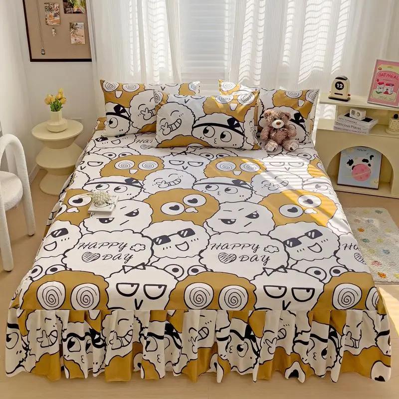 Printed Cotton Bed Skirt Three Piece Set All Season Universal Ruffle Edge Single Bed Cover Soft Comfortable Bedding Bedspread
