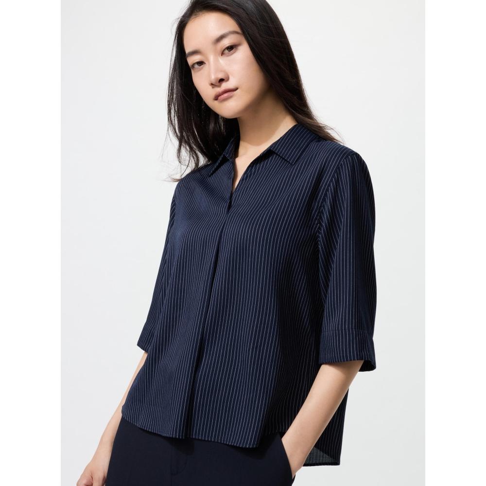

Uniqlo Блузка из вискозы с воротником-скиппером 3/4 полоска 01 OFF WHITE/WOMEN XS