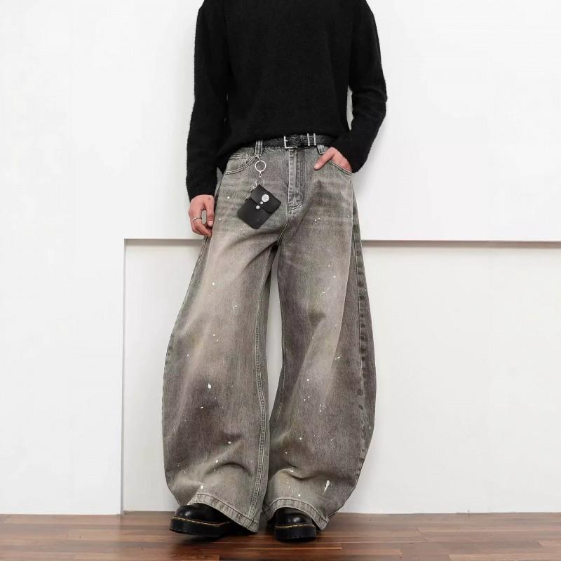 Vintage Washed Distressed Straight Leg Jeans Men - Relaxed Fit Faded Ink Effect Hip Hop Style