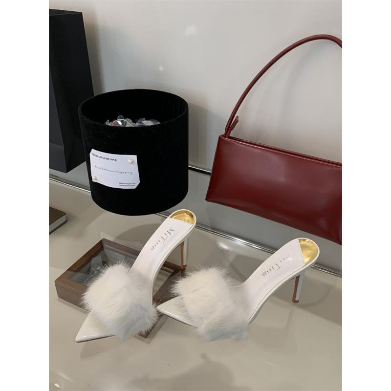 2025 Spring and Autumn New Fashion Versatile Mao Mao High Heel Cool Slippers Women's Fashion Outer Wear Versatile Pointed Heel