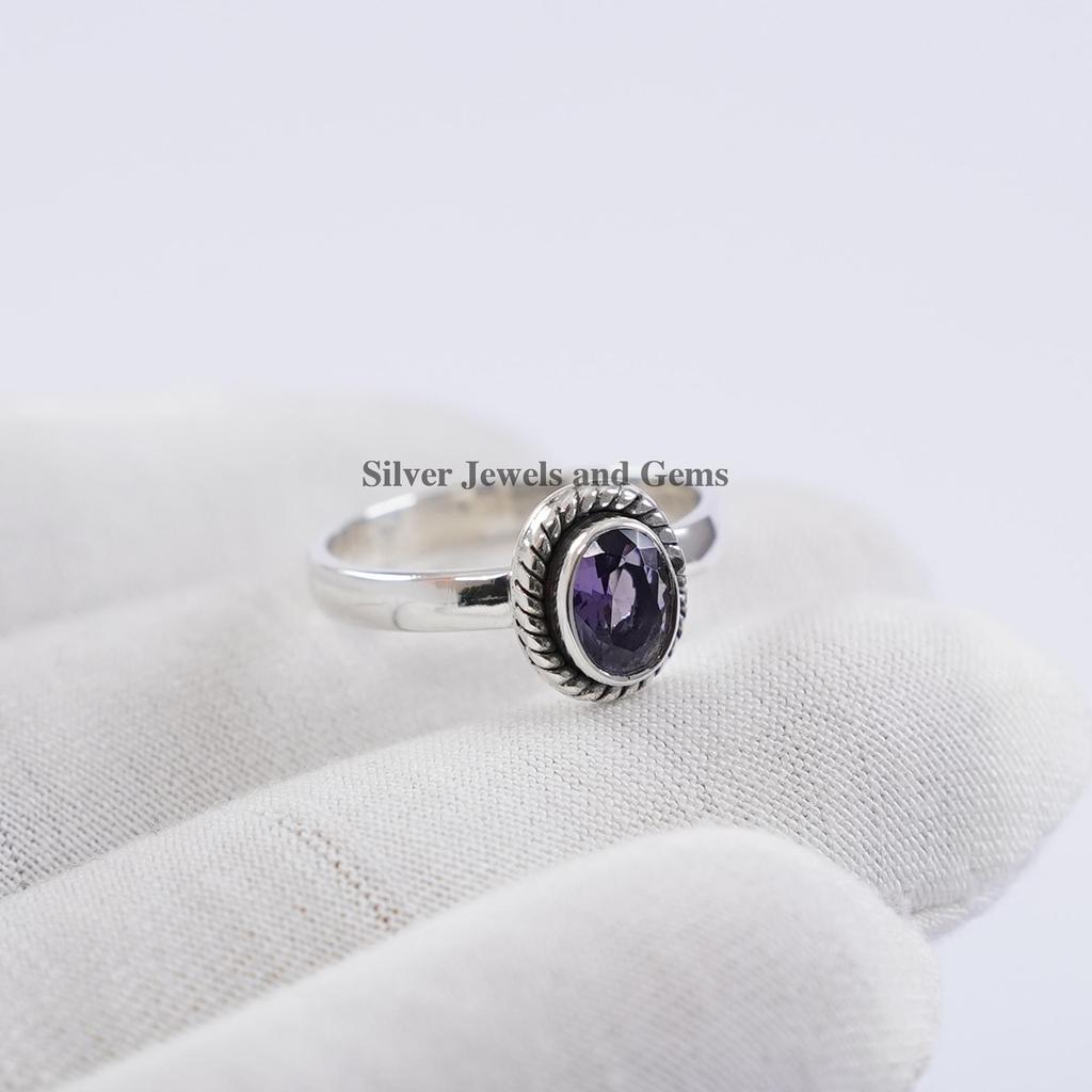 Natural Amethyst Ring, Handmade Dainty Ring, 925 Sterling Silver Ring, Oval Gemstone Ring, Gift for Mom, February Birthstone
