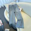 Jeans Recortados de Pierna Ancha de Cintura Alta con Encaje y Cinta Azul Claro para Mujer (Primavera 2025)