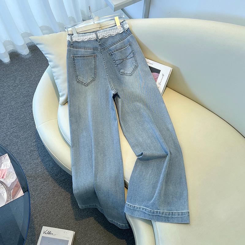 Jeans Recortados de Pierna Ancha de Cintura Alta con Encaje y Cinta Azul Claro para Mujer (Primavera 2025)