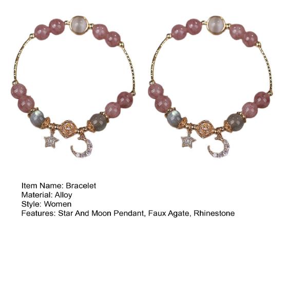 1 Pair Women Bracelet Smooth Bead Faux Agate Polished Star Moon Pendant Rhinestone Adjustable Shopping Work Party Dating Wrist Chain Lady Jewelry