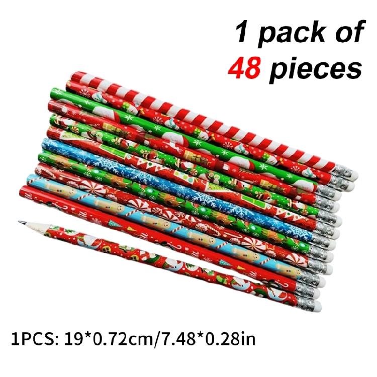 Pack Of 48 Cartoon Christmas Pencils with Erasers for Kid Student Game Reward Wood Drawing Pencils for Writing Drawing